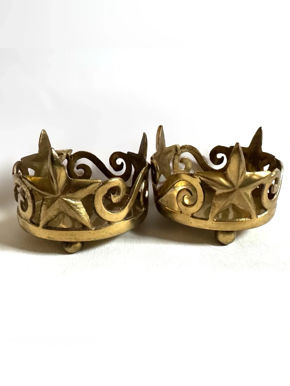 Vintage Pier 1 Brass Star Scroll Candle Holders Pair Celestial Eclectic Boho